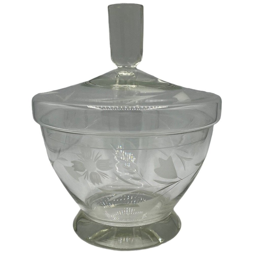 Vintage Engraved Floral Crystal Candy Dish with Lid Clear Glass READ